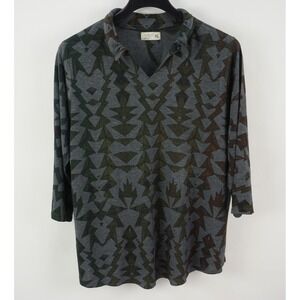 Atelier 5 Gozde Yilmaz Tunic Top Women XL Knit Gray Green Geometric Metal Collar